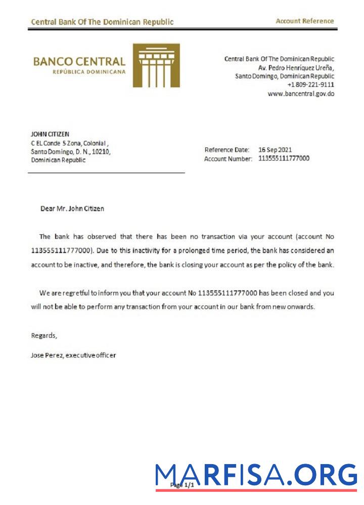 Printable Dominica Central Bank closure reference example